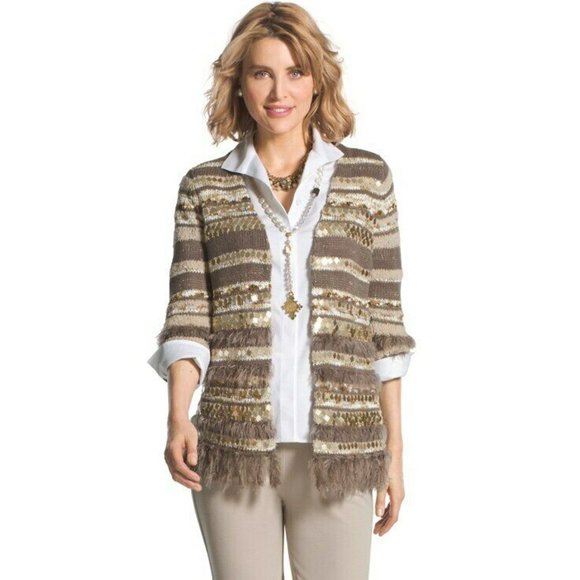 Chico's Sweaters - NWT Chico's Greta Mirror Front Open Cardigan Sequin Fringe Size 4 XXL 20 H10050